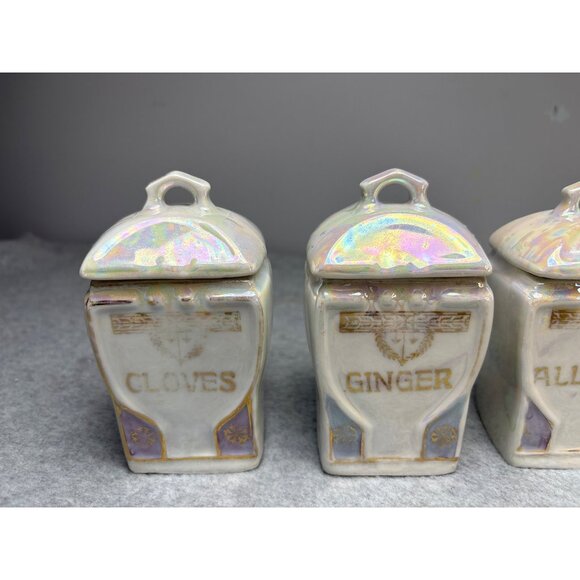 Vintage German Iridescent Porcelain Spice Jar Set 1920s - Picture 3 of 14